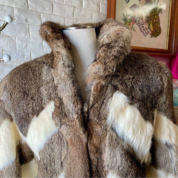 Vintage Parisian Fur 100% Rabbit Fur Coat Cream and Brown Chevron - Picture 4 of 17